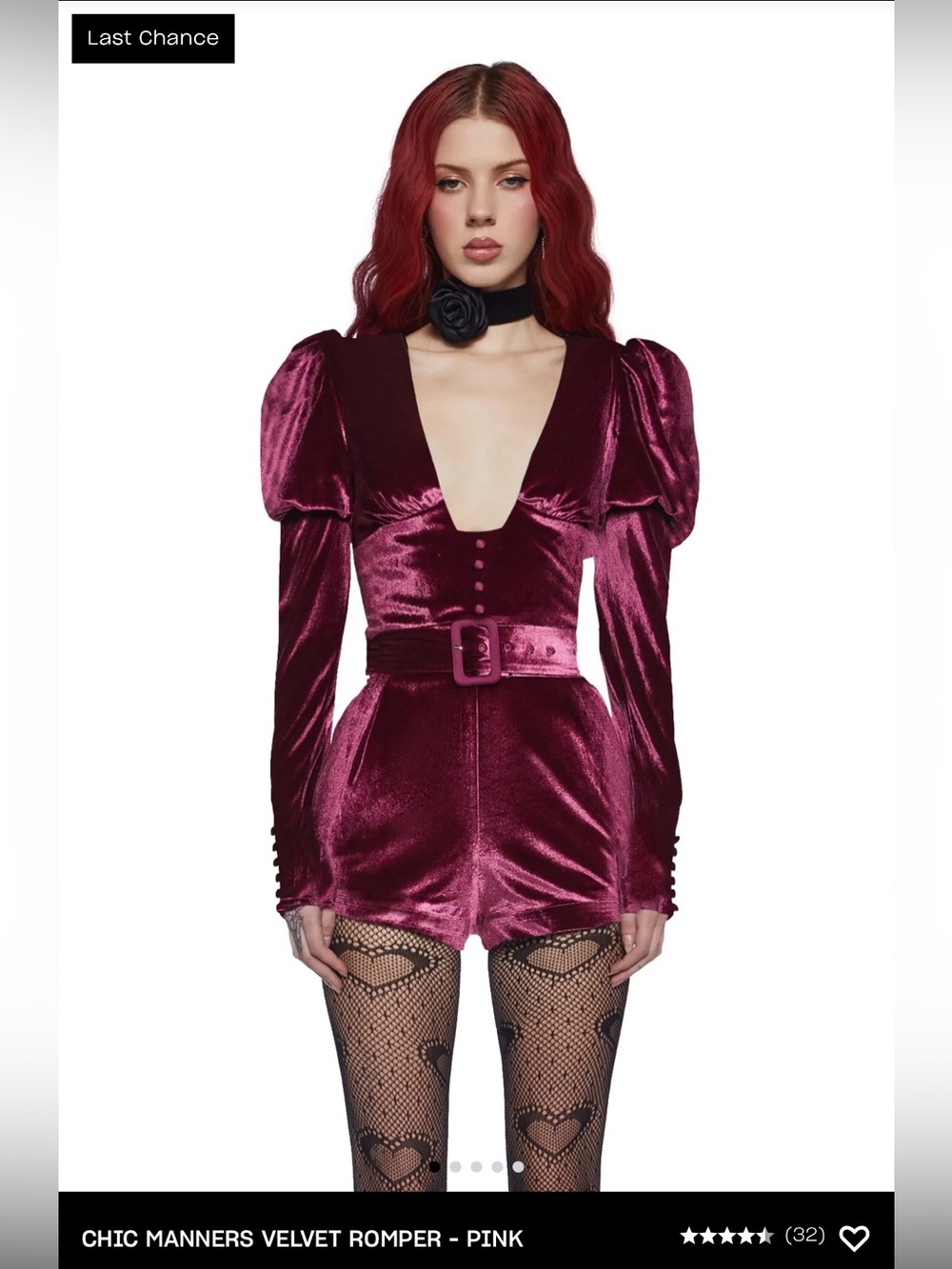 Sugar THRILLZ Velvet Puff Sleeve Romper - Deep Pink